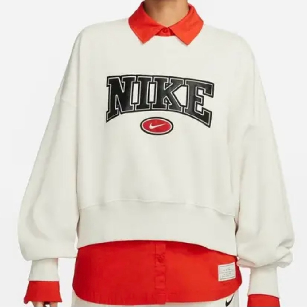 Nike Cropped Cream Oversized Sweatshirt with Black Logo, Size Small